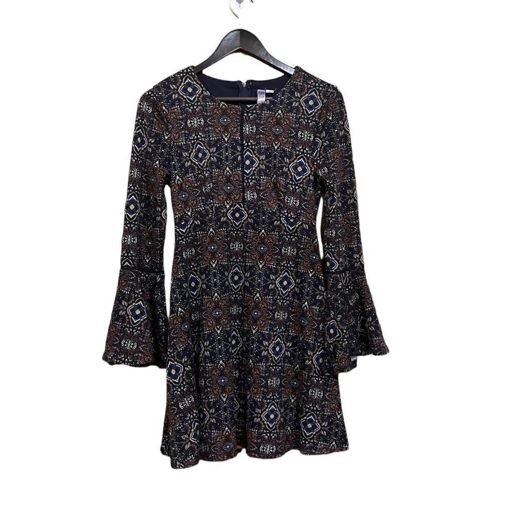 Alya Blue Floral Midi Belle Sleeve Dress Women Small